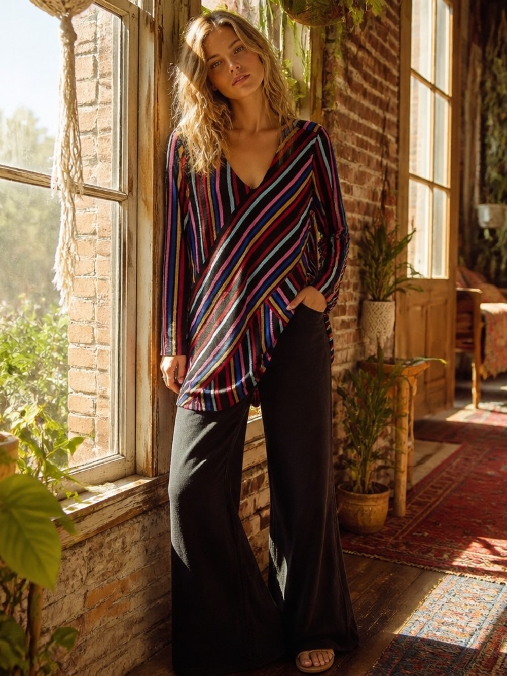 Dana Buchman Black Multicolor Diagonal Striped Wrap Blouse